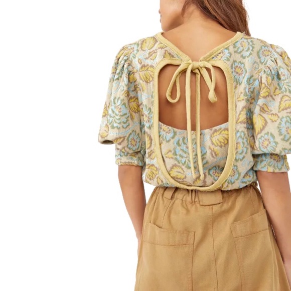 FP No Ordinary Puff Sleeve Open Tie Back Lime Green and Oatmeal Large NWT - Picture 3 of 8